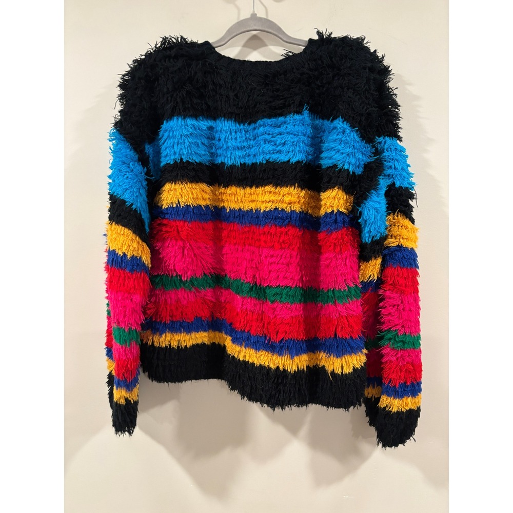 Carole Little Cardigan Multi-Color Striped Shaggy Eyelash Knit Crochet Buttons - Picture 2 of 8